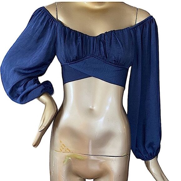 COPY - Navy blue cropped off the shoulder, top with balloons, sleeves and wrap … - Picture 1 of 8